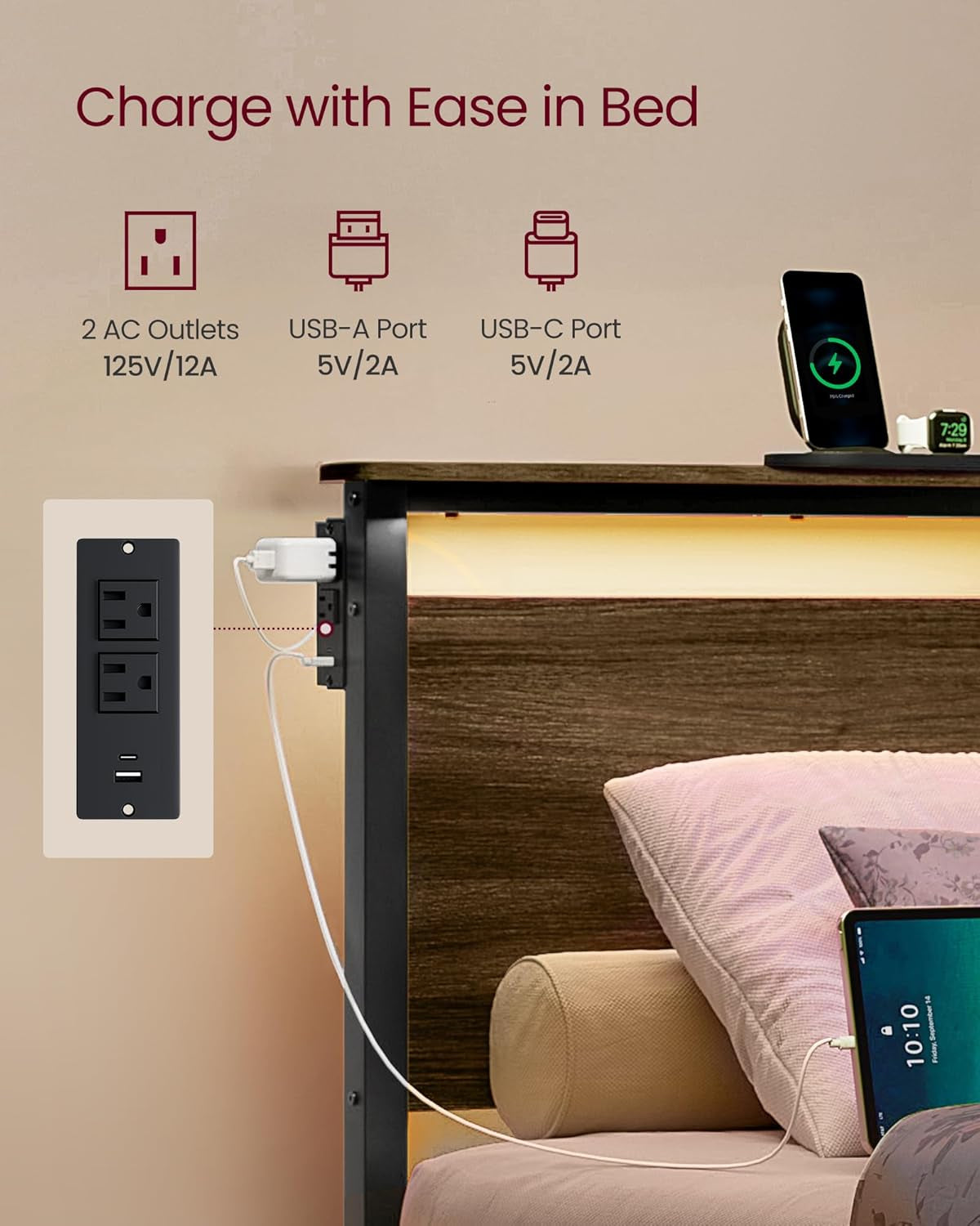 Twin Size Metal Bed Frame with Headboard, Multifunctional Storage, Built-In LED Lights, Charging Station, Bookshelf, Bedside Shelf, Space-Saving, No Box Spring Needed, Ash Brown URMB963K01