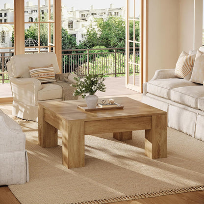Square Coffee Table, 39-Inch Farmhouse Wooden Coffee Table with Sturdy Legs, Rustic Accent Center Table for Living Room, Easy Assembly, Light Brown