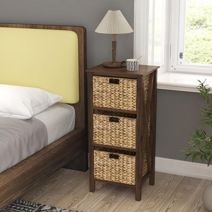 Nightstand Set of 2 with 3 Wicker Storage Baskets, Sofa Side Table with Rubber Wood X-Shaped Frames & Acacia Wood Legs, Bedside Table, End Table for Bedroom, Small Space