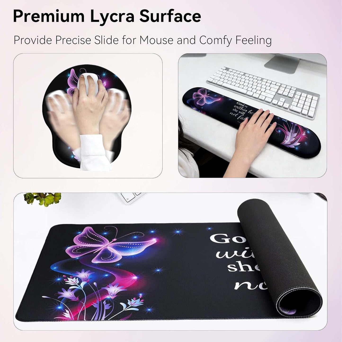 Desk Mat Set + Keyboard and Mouse Pad with Wrist Rest Support,4-In-1 Large Mousepad Computer Mats for Desktop Home & Office-Purple Butterflies