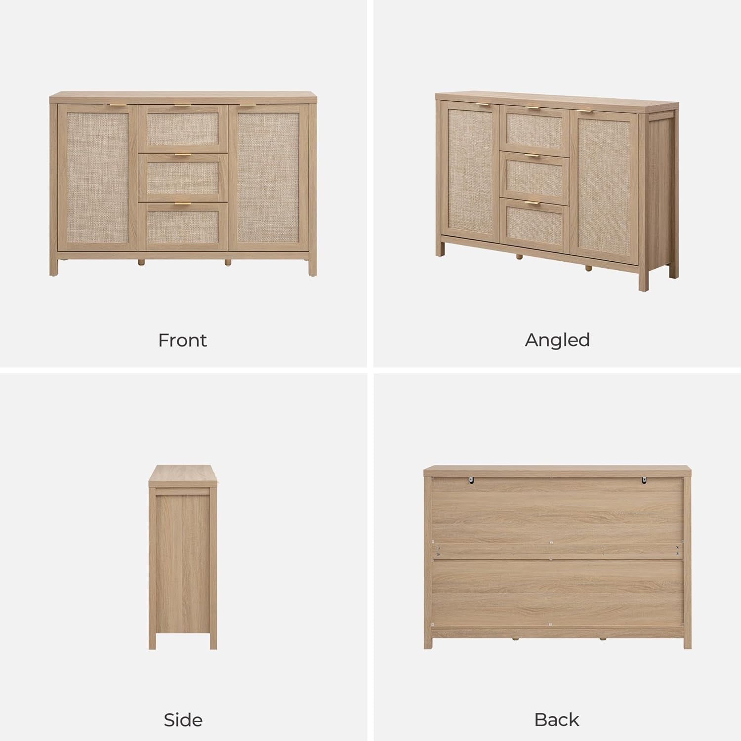 52" Larger Sideboard Buffet Coffee Bar Cabinet with Storage - Farmhouse Rattan Credenza Storage Cabinet with 3 Drawers and 2 Doors, Boho Console Table for Living Room, Kitchen, Light Oak