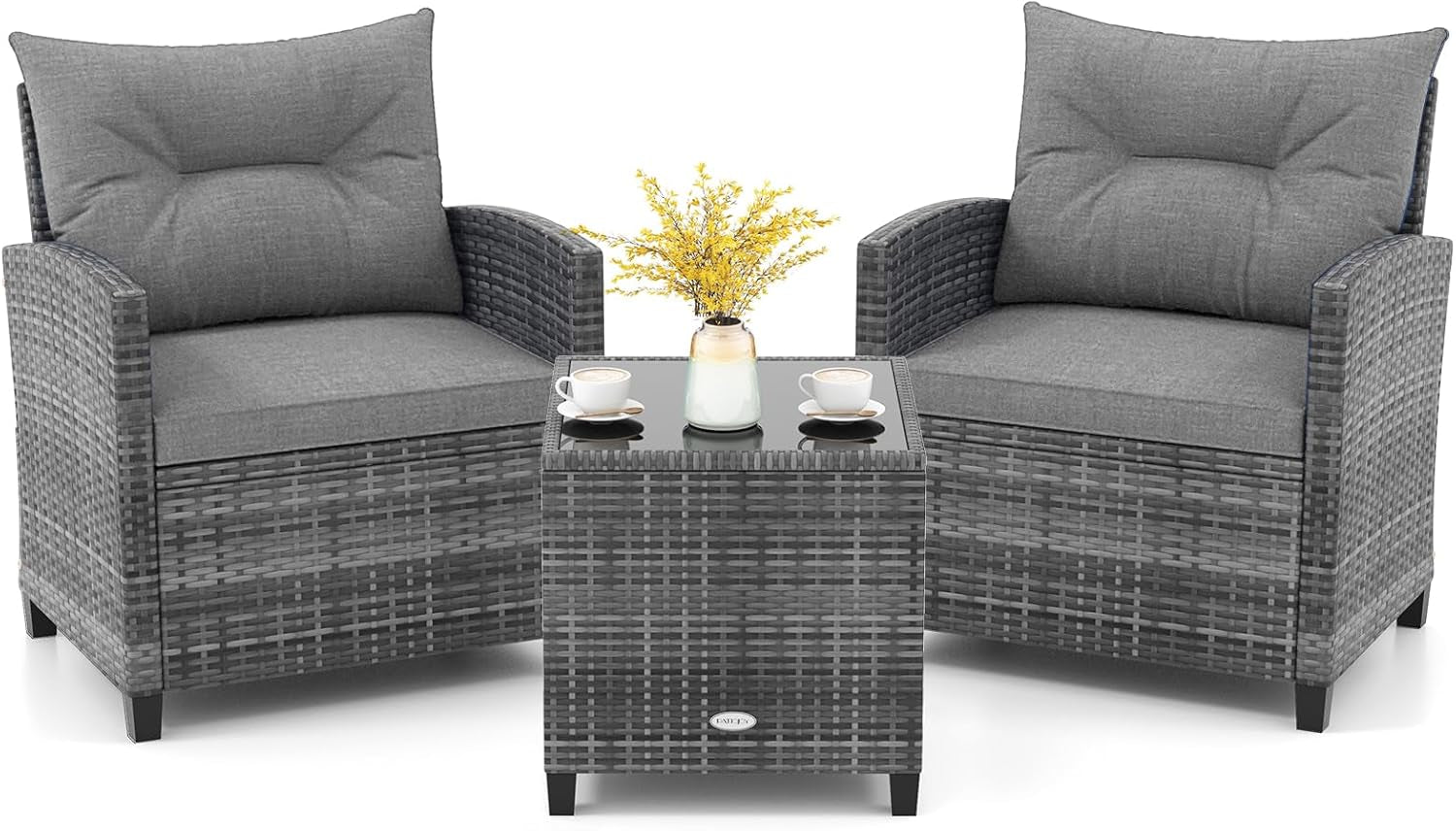 3 Piece Patio Furniture Set, Outdoor PE Rattan Conversation Set with Washable Cushions & Tempered Glass Tabletop, Wicker Chairs and Table Set for Porch, Garden, Balcony (Grey)