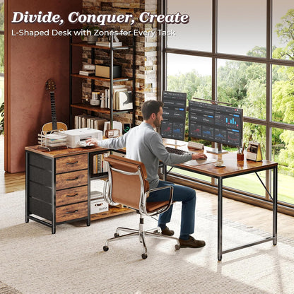 61" L Shaped Desk with Power Outlets and USB-C Port, Reversible Computer Corner Office Desk with 4 Fabric Drawers and 2 Height-Adjustable Shelves, Large for Gaming Writing Study, Rustic Brown