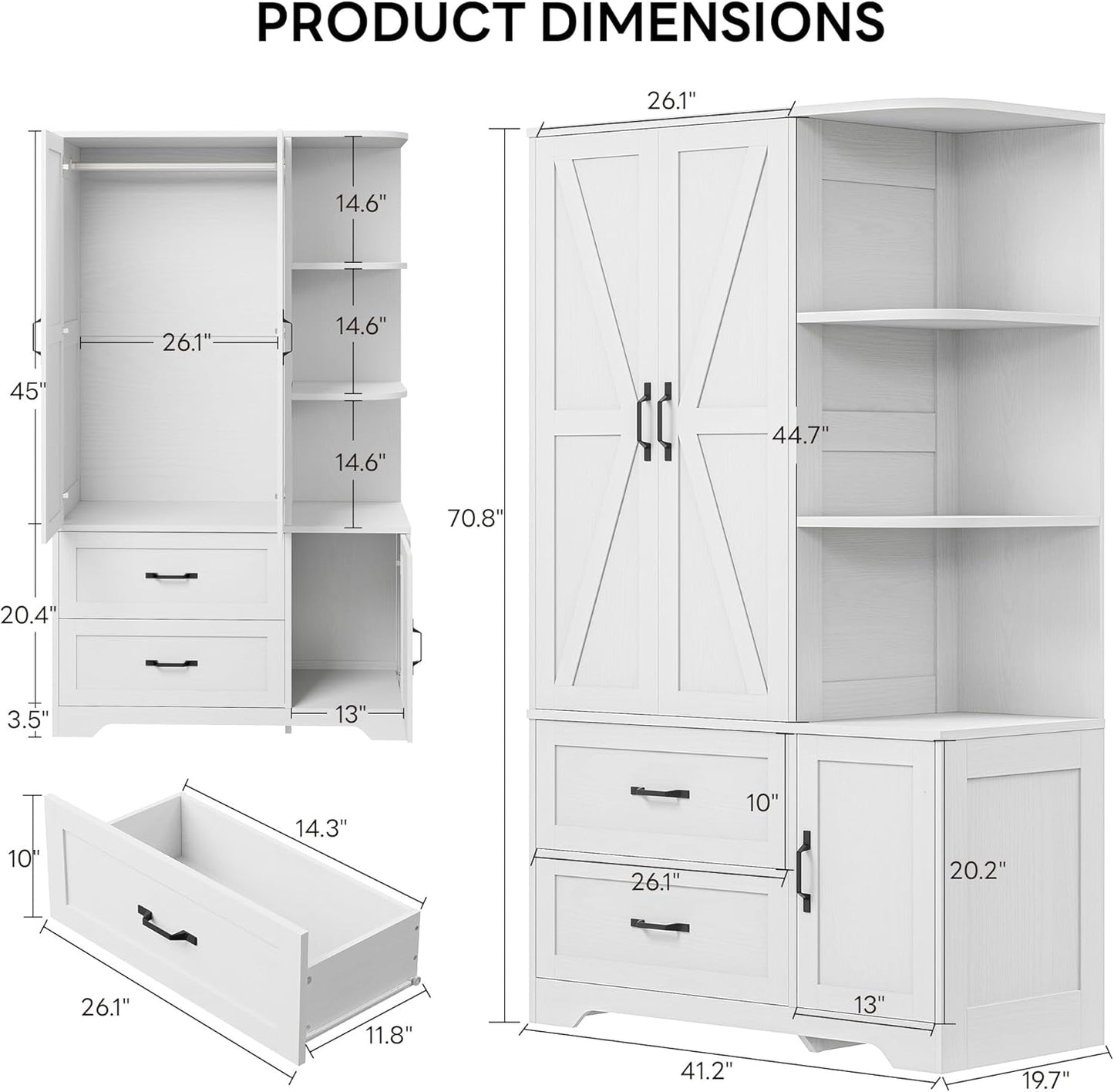 Armoire Wardrobe Closet 70" H, Bedroom Wooden Wardrobe with 3 Doors 2 Drawers, Modern Clothing Storage Cabinet Combination with Storage Shelves and Hanging Rail, White
