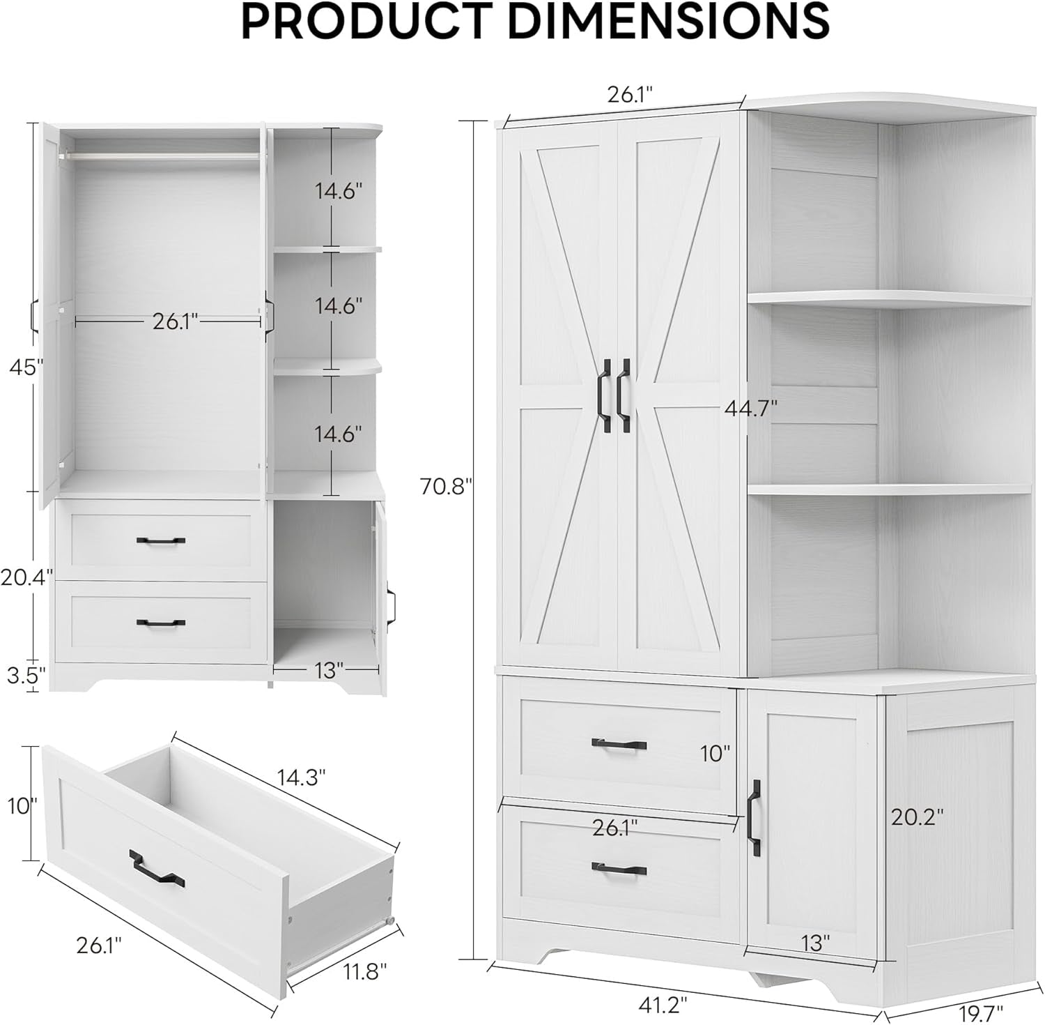 Armoire Wardrobe Closet 70" H, Bedroom Wooden Wardrobe with 3 Doors 2 Drawers, Modern Clothing Storage Cabinet Combination with Storage Shelves and Hanging Rail, White