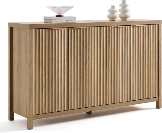 Buffet Cabinet Fluted Sideboard 56" Accent Cabinet with Adjustable Shelves 4 Doors Modern Storage Credenza for Living Room Kitchen Hallway,Golden Oak