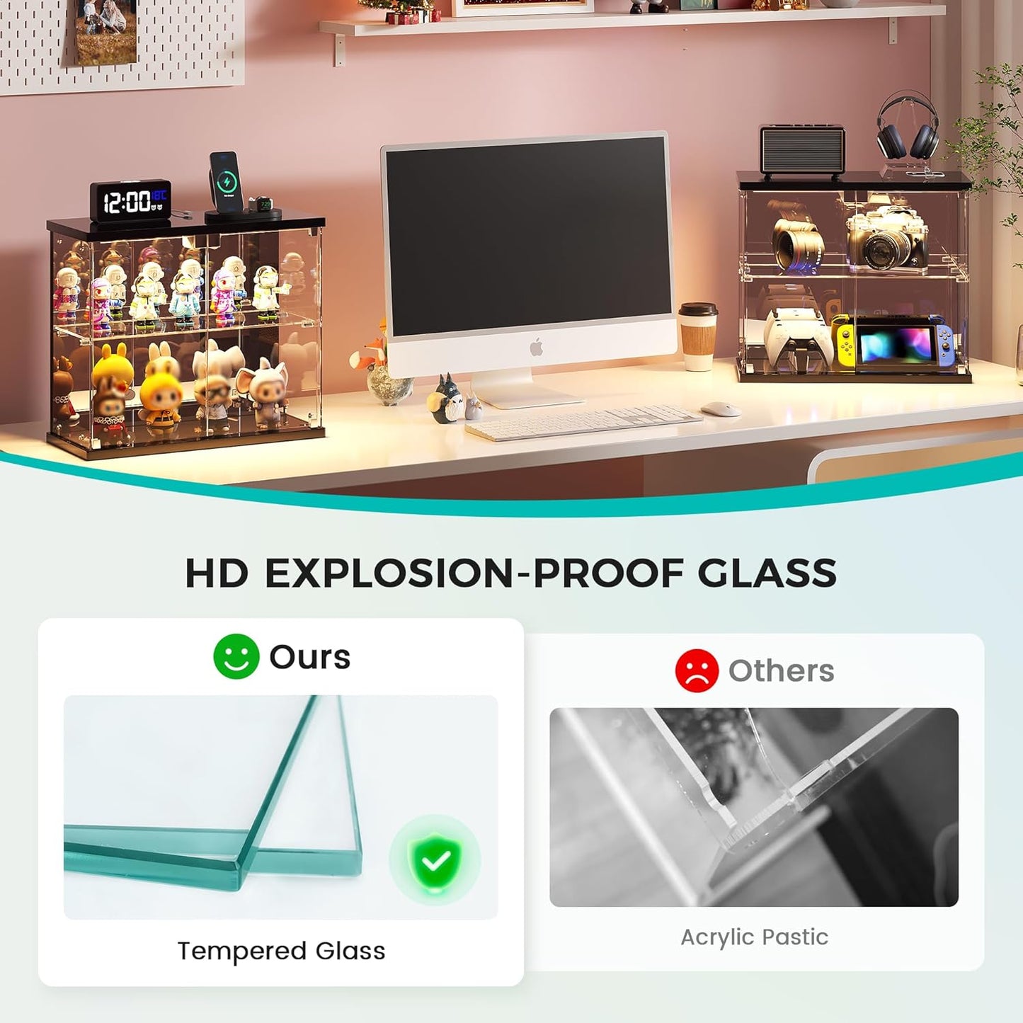 Lighted Clear Glass Display Case - for Figures & Collectibles, Small 2-Tier Display Cabinet with Charging Station, LED Display Box with Lights & Human Sensor, for Model Car, Perfume, Black