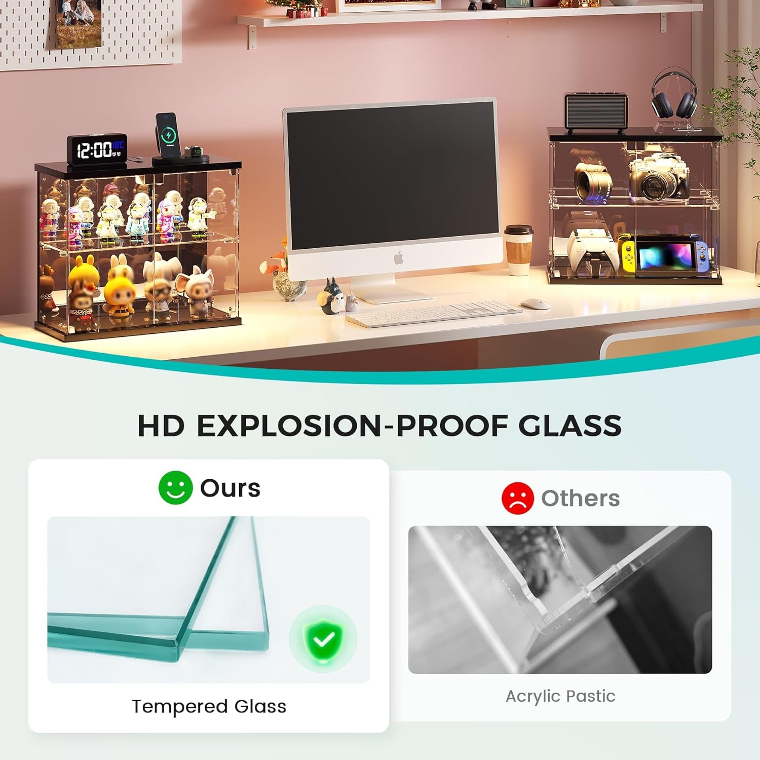 Lighted Clear Glass Display Case - for Figures & Collectibles, Small 2-Tier Display Cabinet with Charging Station, LED Display Box with Lights & Human Sensor, for Model Car, Perfume, Black