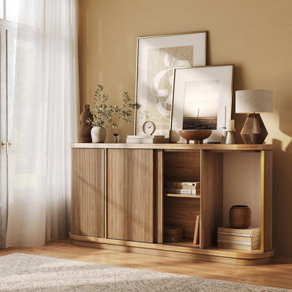 Turin 67" Modern Curved Sideboard with Sliding Tambour Doors - Fluted Wood Buffet Cabinet & Credenza - Oval Media Console with Gold Accents for Dining Room, Living Room, or Entryway (Camel)