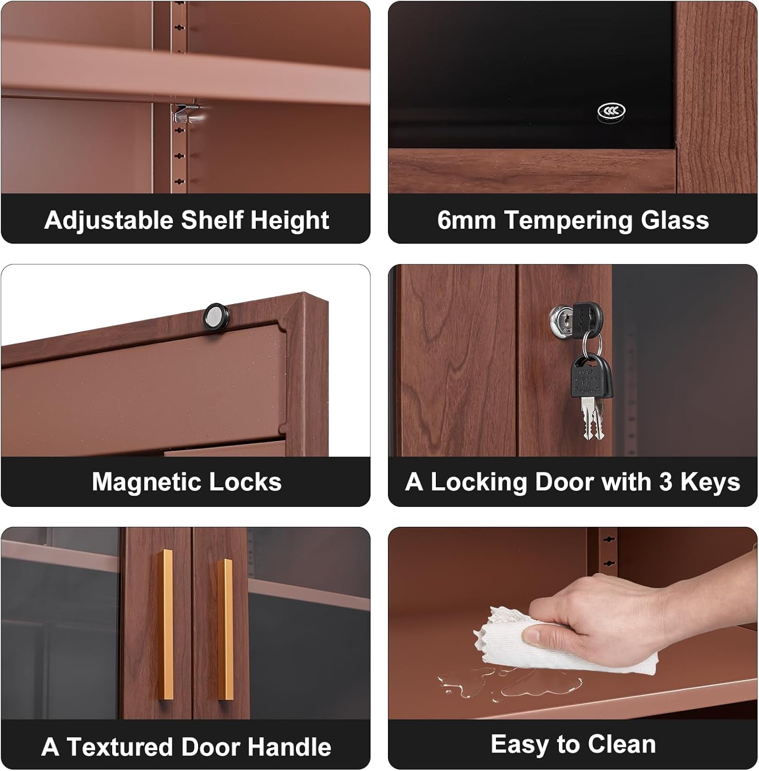 71" Display Cabinet, Metal Kitchen Storage Cabinet, Curio Display Case with Glass Doors and 4 Adjustable Shelves, Locking Cabinets for Kitchen, Hallway, Living Room, Wood Color -Assembly Required