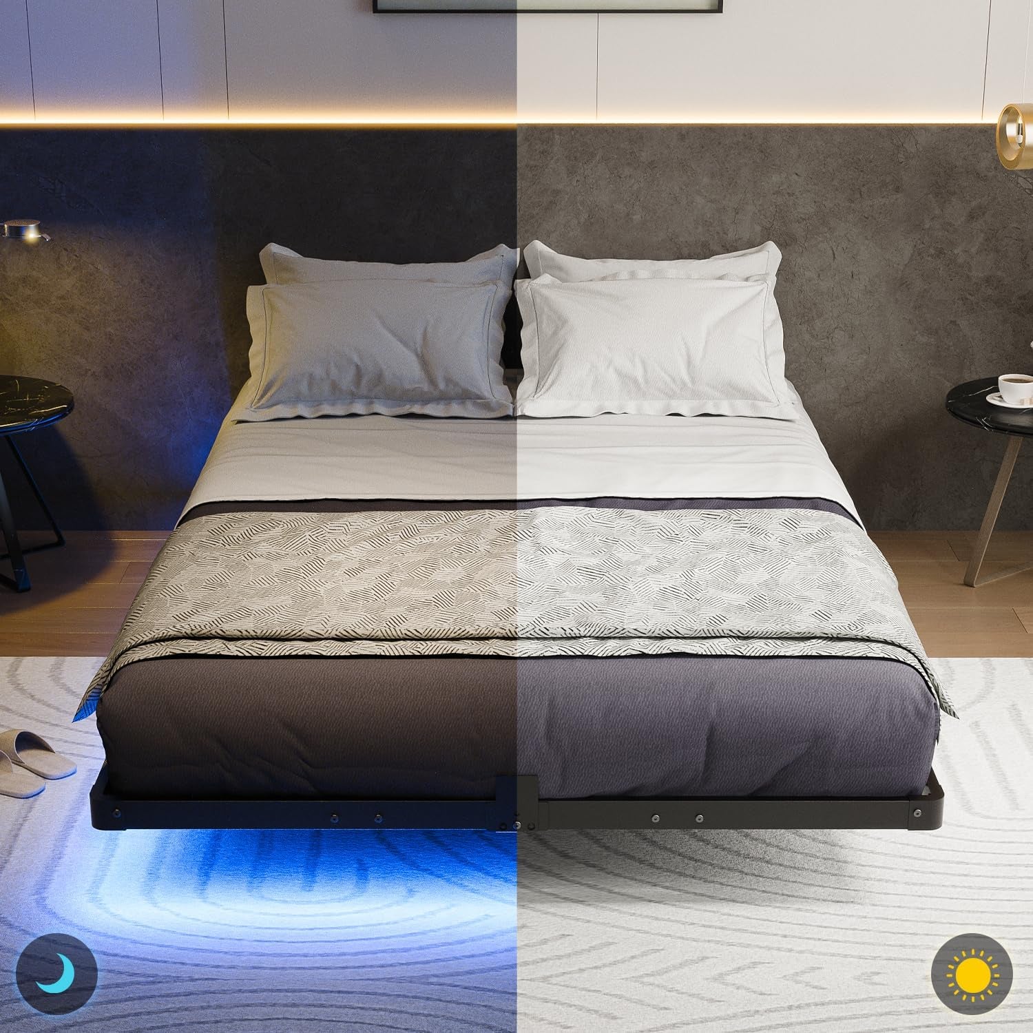 Full Size Modern Floating Bed Frame with Smart LED Lights, USB Charging Station, Sturdy Metal Platform, No Box Spring Needed, and Easy Assembly