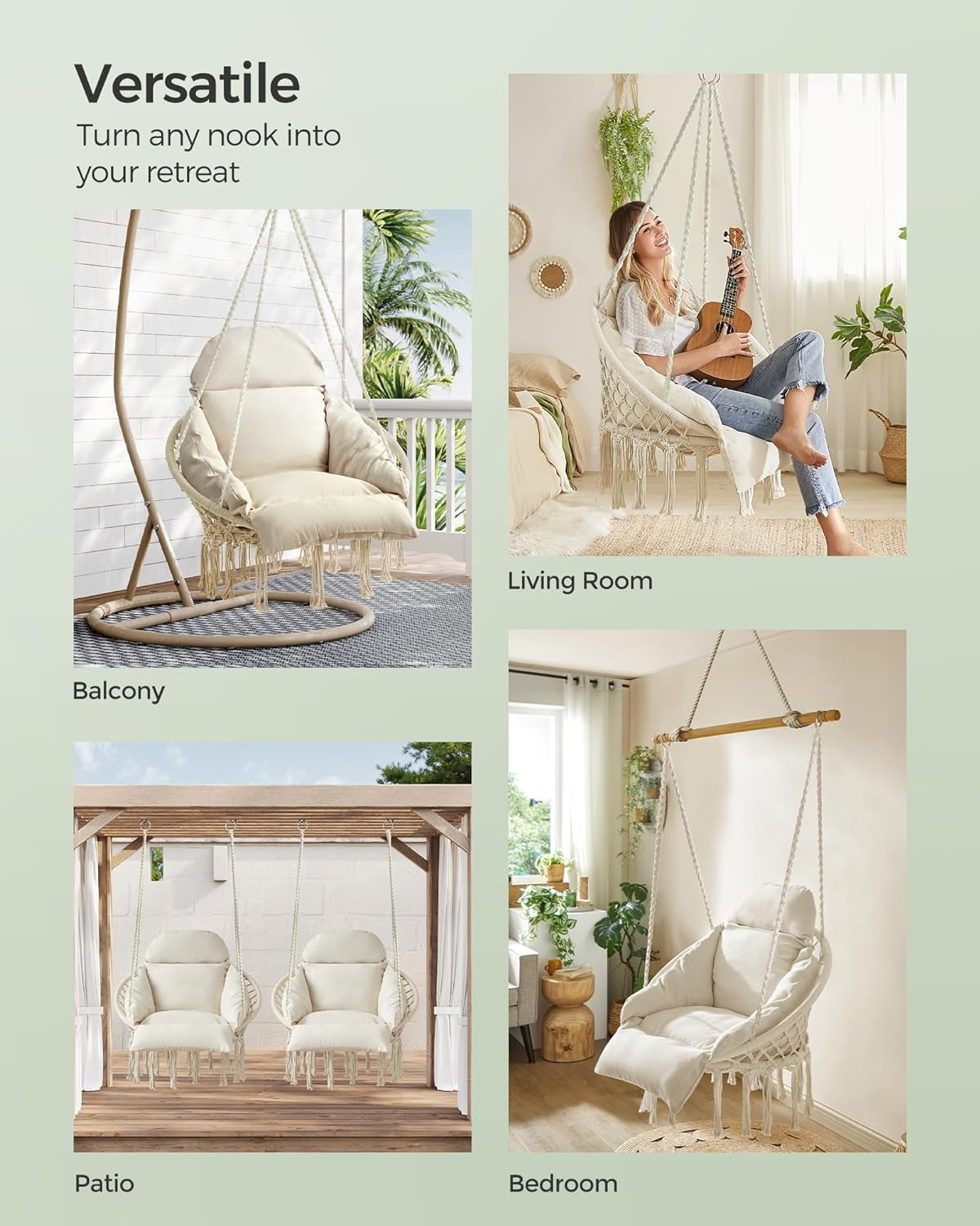 Hanging Chair, Hammock Chair with Large, Thick Cushion, Boho Swing Chair for Bedroom, Patio, Balcony, Garden, Holds up to 264 Lb, Accessories Included, Cream White UGDC042M01