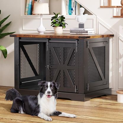 40" Farmhouse Dog Crate Furniture, Heavy Duty Dog Cage for Medium Large Dogs, Wood Dog Crate Dog Kennel Indoor with Double Doors, Chew Resistant End Table for Bedroom Living Room, Black