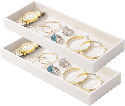 2Pcs Desk Drawer Storage Tray, Nightstand Organizer, Jewelry Display for Necklace, Bracelet, Ring, Earring, Grid Table Organizer Holder for Sunglass, Phone, Watch, Perfume (1 Grid)/Beige