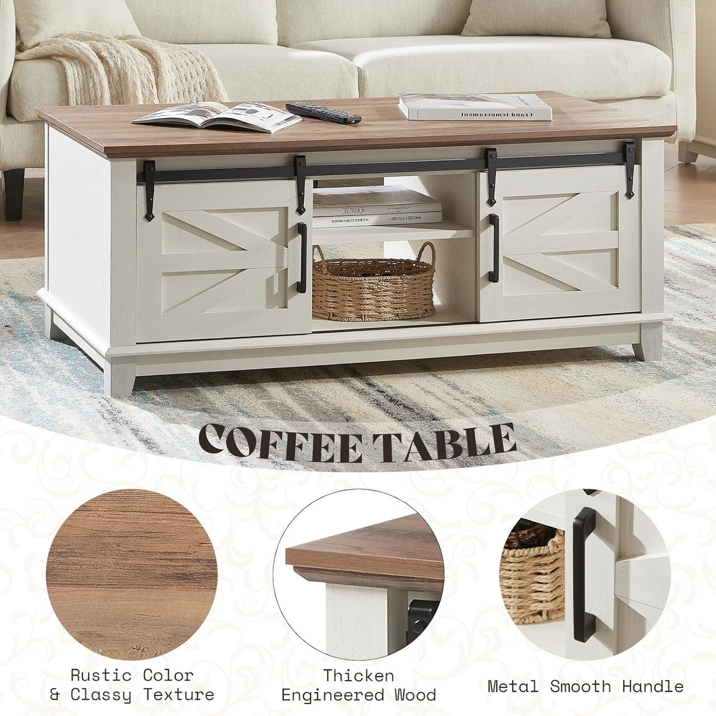 Farmhouse Coffee Table with Sliding Barn Doors & Storage Cabinet for Living Room, 48" Modern Center Table, Adjustable Shelves, Rustic White