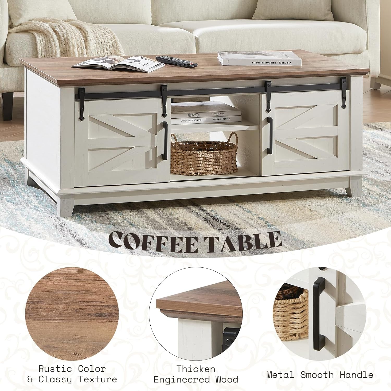 Farmhouse Coffee Table with Sliding Barn Doors & Storage Cabinet for Living Room, 48" Modern Center Table, Adjustable Shelves, Rustic White