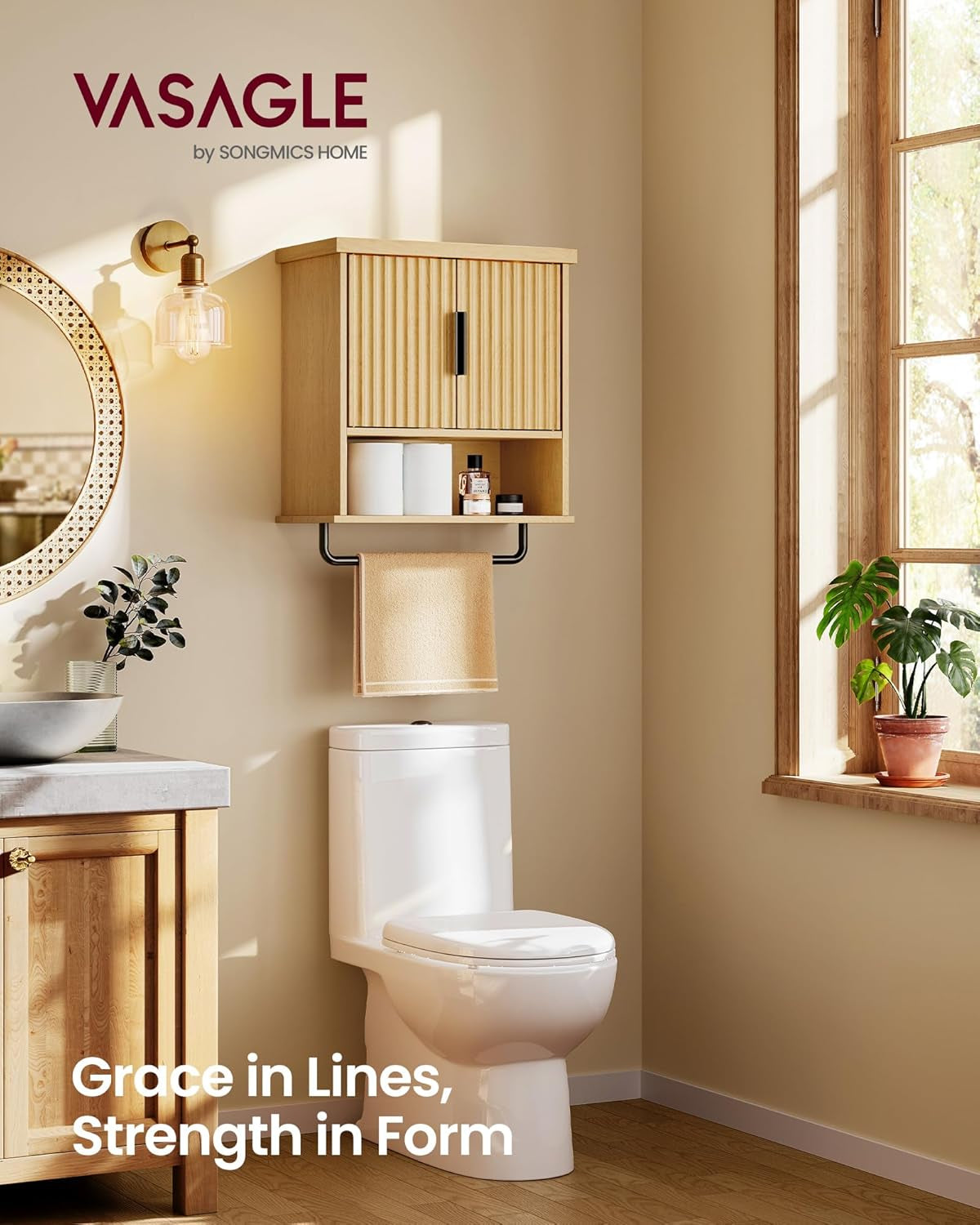 MAXE Collection - Bathroom Cabinet Wall Mounted, over Toilet Hanging Cabinet with Adjustable Shelf, Towel Bar, Fluted Doors, 7.9 X 17.7 X 24 Inches, Transitional, Oak Beige UBBK137Y01S