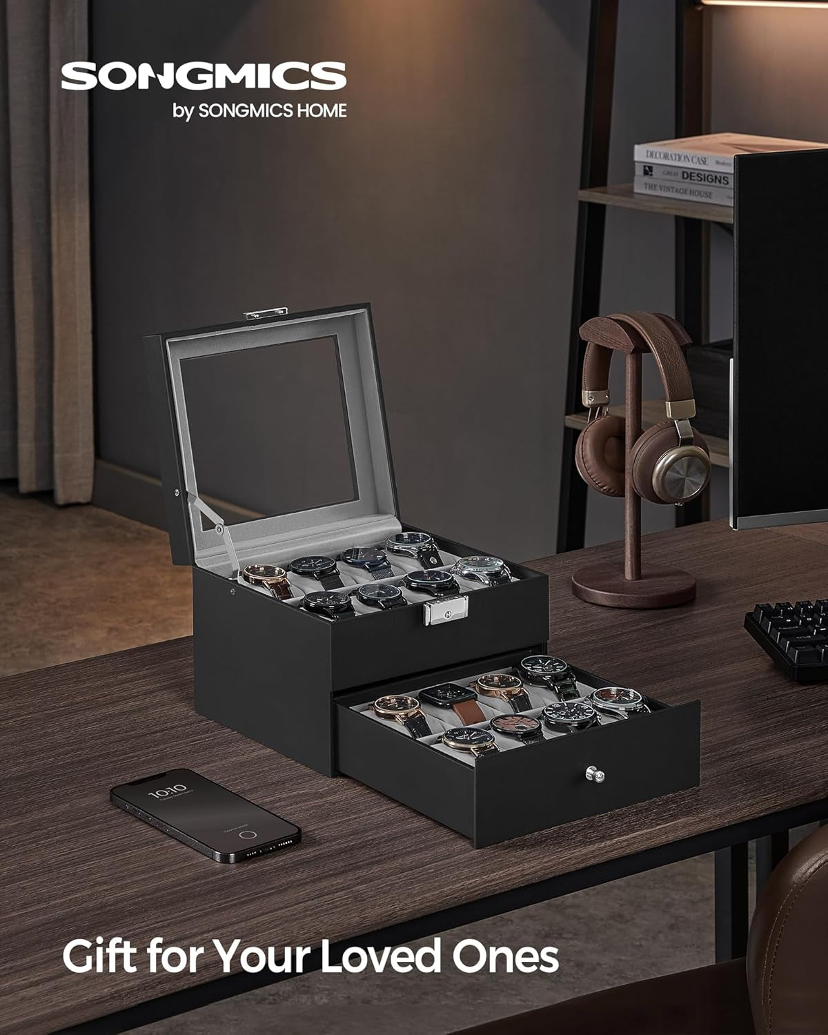 16-Slot Watch Box, Watch Case with Glass Lid, 2 Layers, Lockable Watch Display Case, Black Synthetic Leather, Greenish Gray Lining UJWB016G01