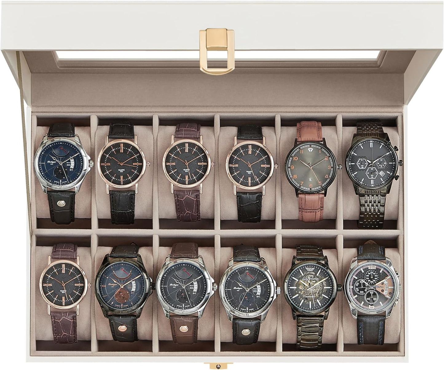 Watch Box, 12-Slot Watch Case with Large Glass Lid, Removable Watch Pillows, Watch Box Organizer, Gift for Loved Ones, Black Synthetic Leather, Wine Red Lining UJWB120R01