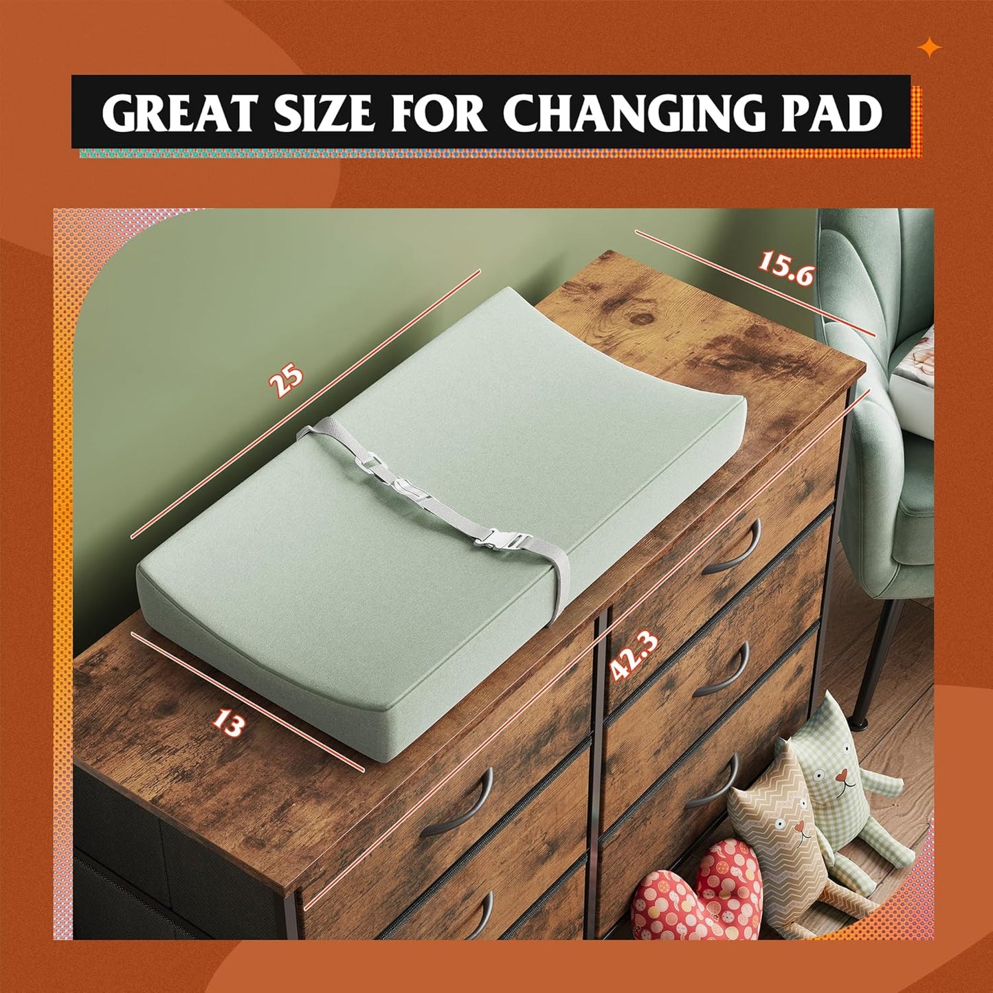 Dresser for Bedroom with 6 Drawers, Wide Fabric Dresser TV Stand for 50 Inches TV, with Metal Frame, Wooden Top, Fabric Storage Dressers for Bedroom, Hallway, Entryway, Rustic Brown