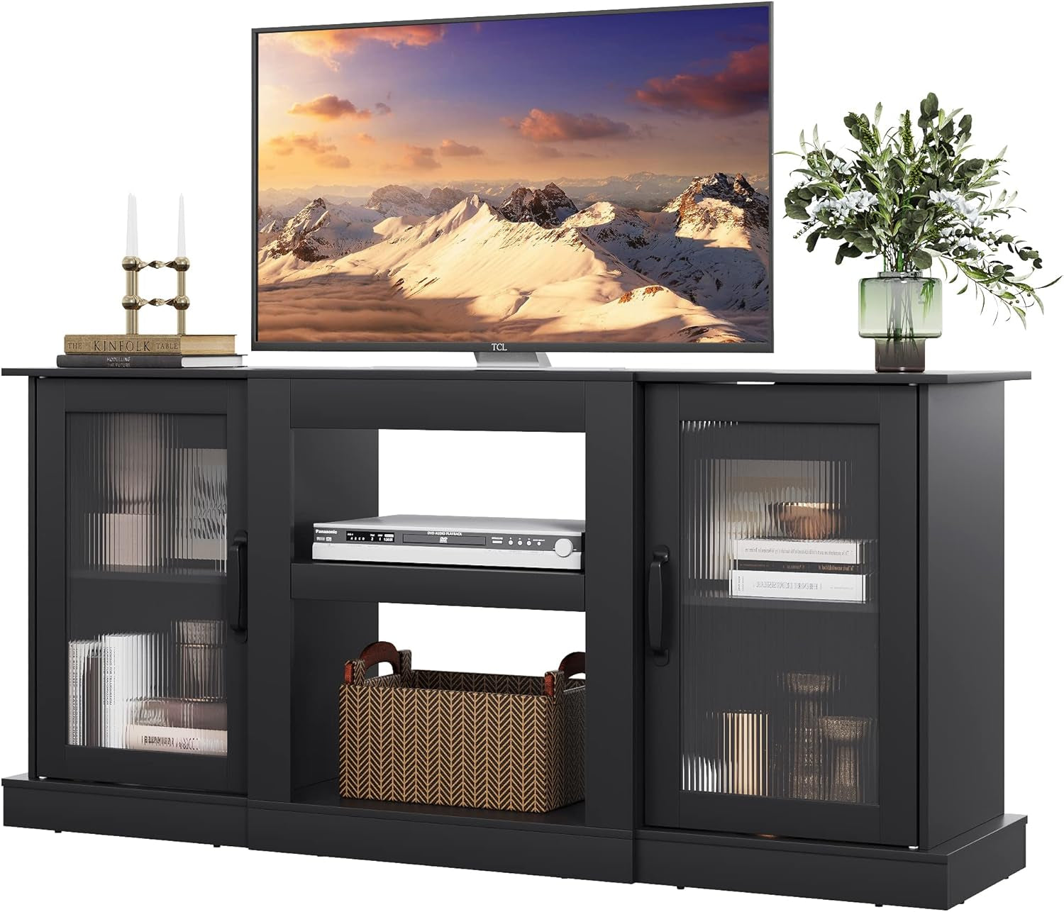 Farmhouse TV Stand for 65 Inch TV, 58" Entertainment Center with Storage Cabinets, Open Shelves TV Console for Living Room and Bedroom, Black