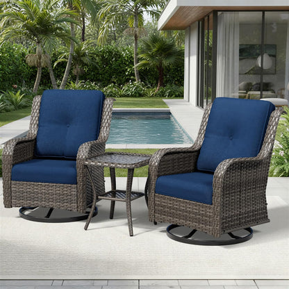 3 Piece Wicker Patio Furniture Set, Outdoor Swivel Rocker Patio Chairs with High Back, Deep Seating, Wide Armrest, Thickened Cushions, Outdoor Furniture for Deck, Porch Use