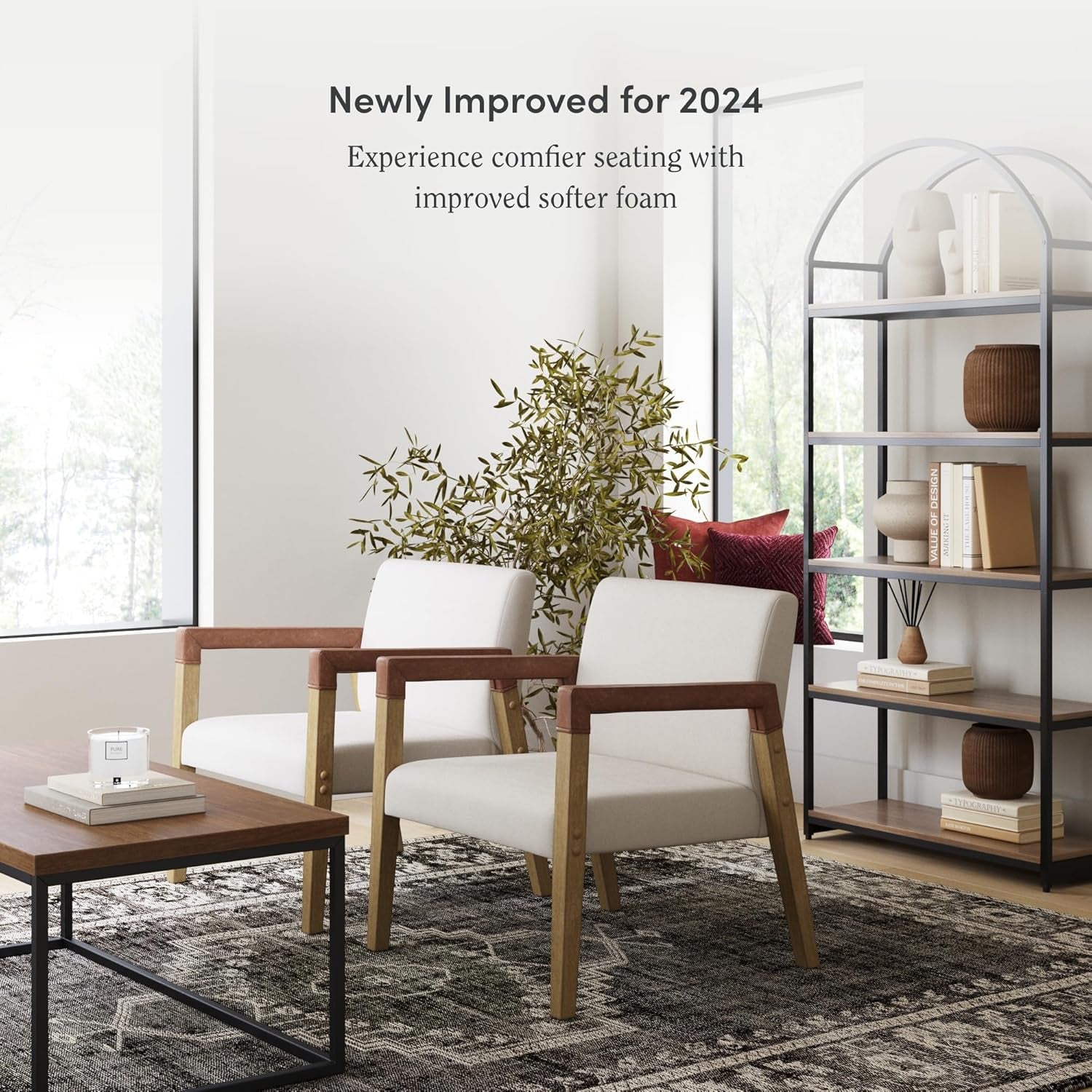 Hudson Accent Living Room Chair, Comfy Reading Bedroom Chair, Mid-Century Wood Armchair, Upholstered Fabric and Leather Armrest
