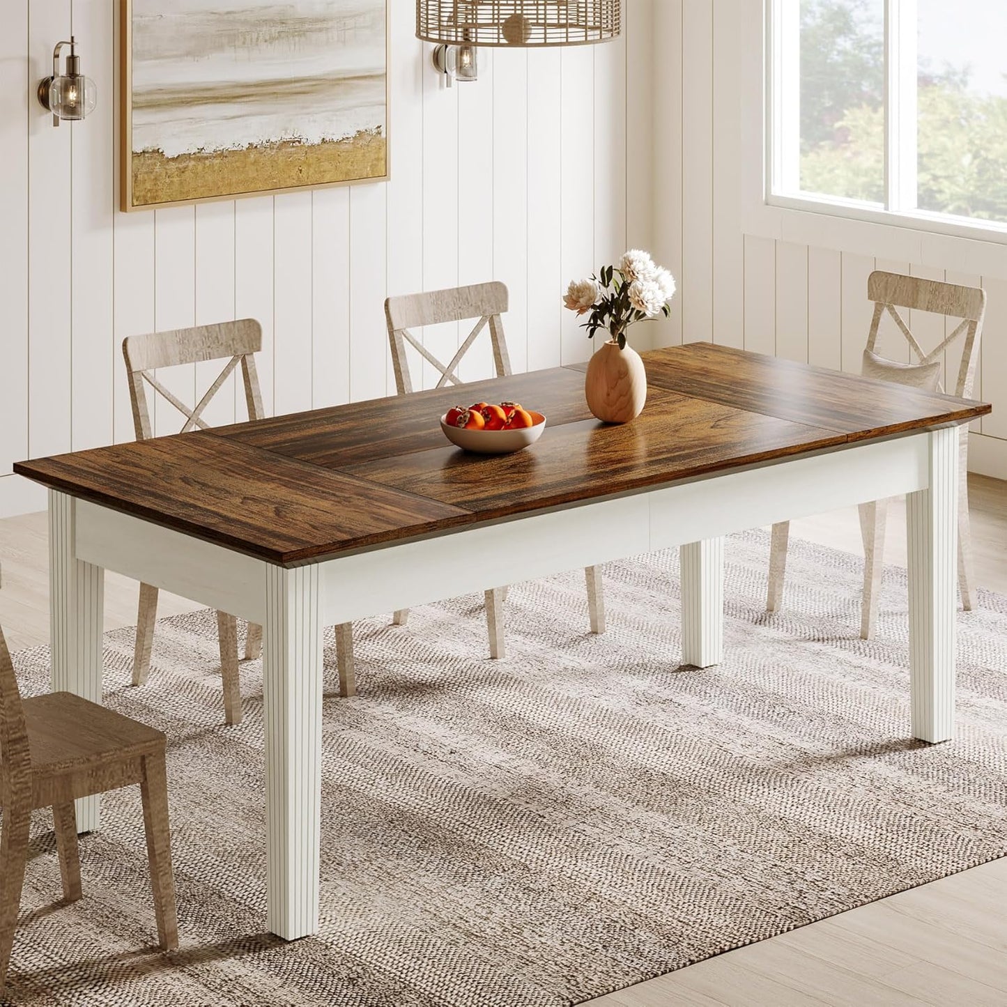 Dining Table for 4-6 People, 62-Inch Rectangular Kitchen Table with Solid Wood Legs, Modern Farmhouse Dinner Table for Dining Room, Kitchen, Living Room, Rustic Brown & Cream White