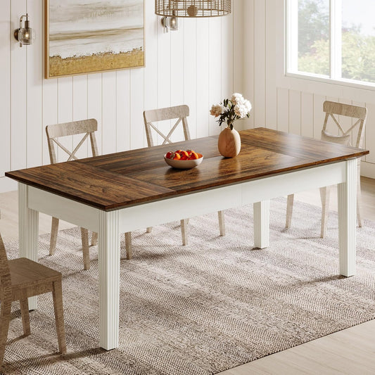 Dining Table for 4-6 People, 62-Inch Rectangular Kitchen Table with Solid Wood Legs, Modern Farmhouse Dinner Table for Dining Room, Kitchen, Living Room, Rustic Brown & Cream White
