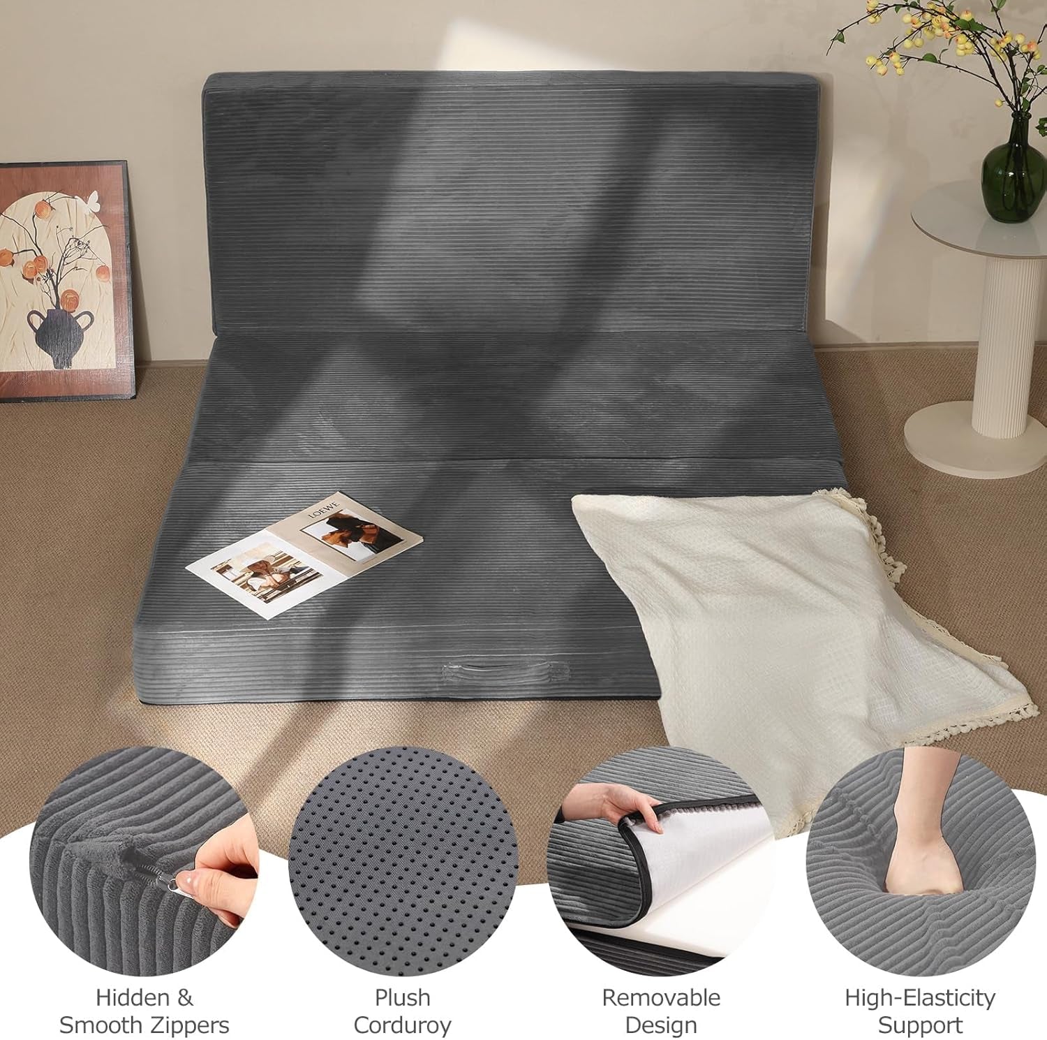 6-Inch Tri-Fold Mattress Queen Size - Foldable Futon Sofa Bed with Removable Washable Cover, Folding Memory Foam Futon Mattress | Non-Slip Bottom & Carry Handles for Guest, Camping, Dorm