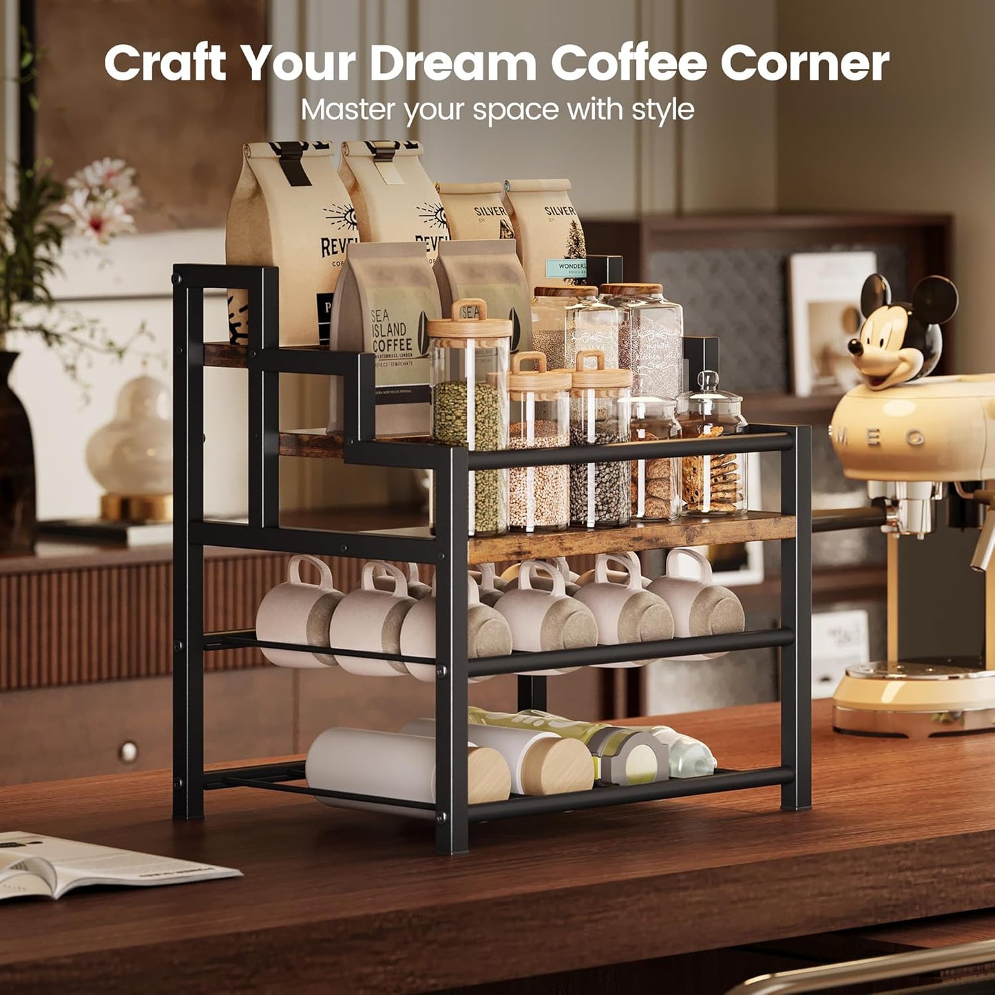 5-Tier Liquor Bottle Display Shelf, Holds up to 20 Bottles, Countertop Wine Racks with 6 Wine Glass Holders, Mini Wine Bar Cabinet for Home, All in One Coffee Syrup Whiskey Organizer