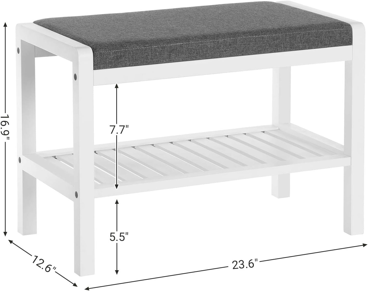 Shoe Rack Bench with Cushion Upholstered Padded Seat, Storage Shelf, Shoe Organizer, Holds up to 350 Lb, Ideal for Entryway Bedroom Living Room Hallway Garage Mud Room Gray and White ULBS65WN