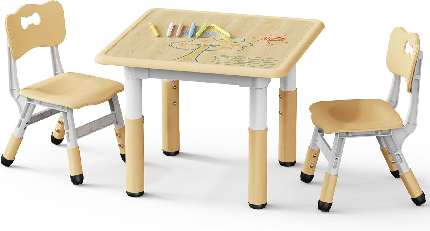 Kids Table and 2 Chairs Set, Height Adjustable Toddler Desk and Chair Set, Graffiti Desktop, Classroom/Daycare/Home, Children Multi-Activity Table for Ages 2-8