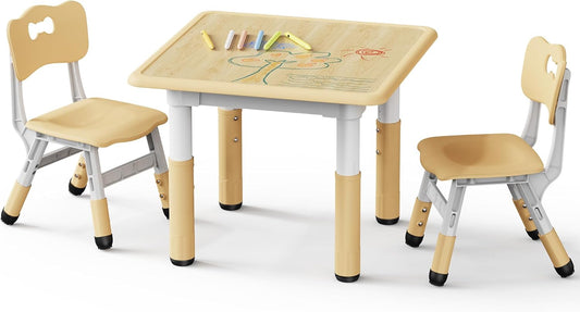 Kids Table and 2 Chairs Set, Height Adjustable Toddler Desk and Chair Set, Graffiti Desktop, Classroom/Daycare/Home, Children Multi-Activity Table for Ages 2-8