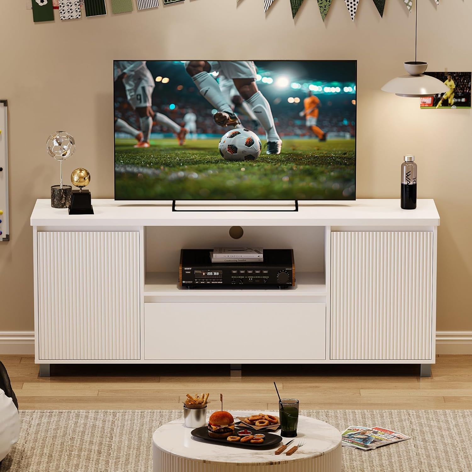 63In TV Stand for Tvs up to 70", Fluted Entertainment Center with Storage Drawer and Open Shelves, Modern TV Console Media Cabinet for Living Room, Bedroom, White