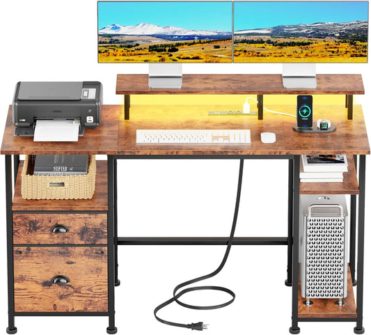 51" Computer Desk with Power Outlet and LED Lights, Reversible Home Office Desk with File Cabinet & Monitor Stand, Large Gaming Table with Storage Shelves & Drawer, Rustic Brown