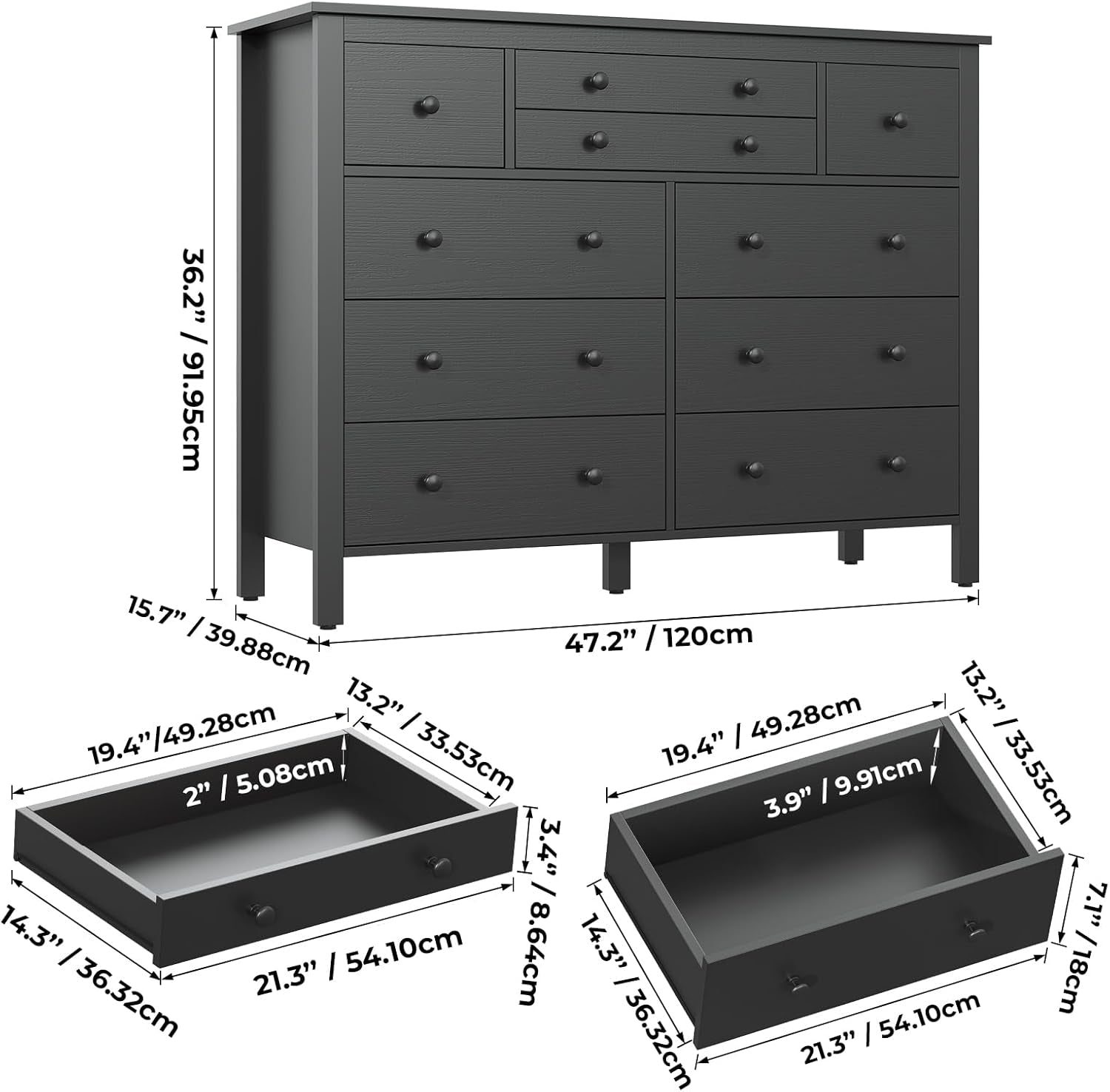 10 Drawer Large Black Dresser for Bedroom, 47.2" Long Chest of Drawers with Deep Drawers, Modern Wooden Storage Dresser for Closet, 36.2" Tall TV Stand for Living Room, Hallway, Entryway