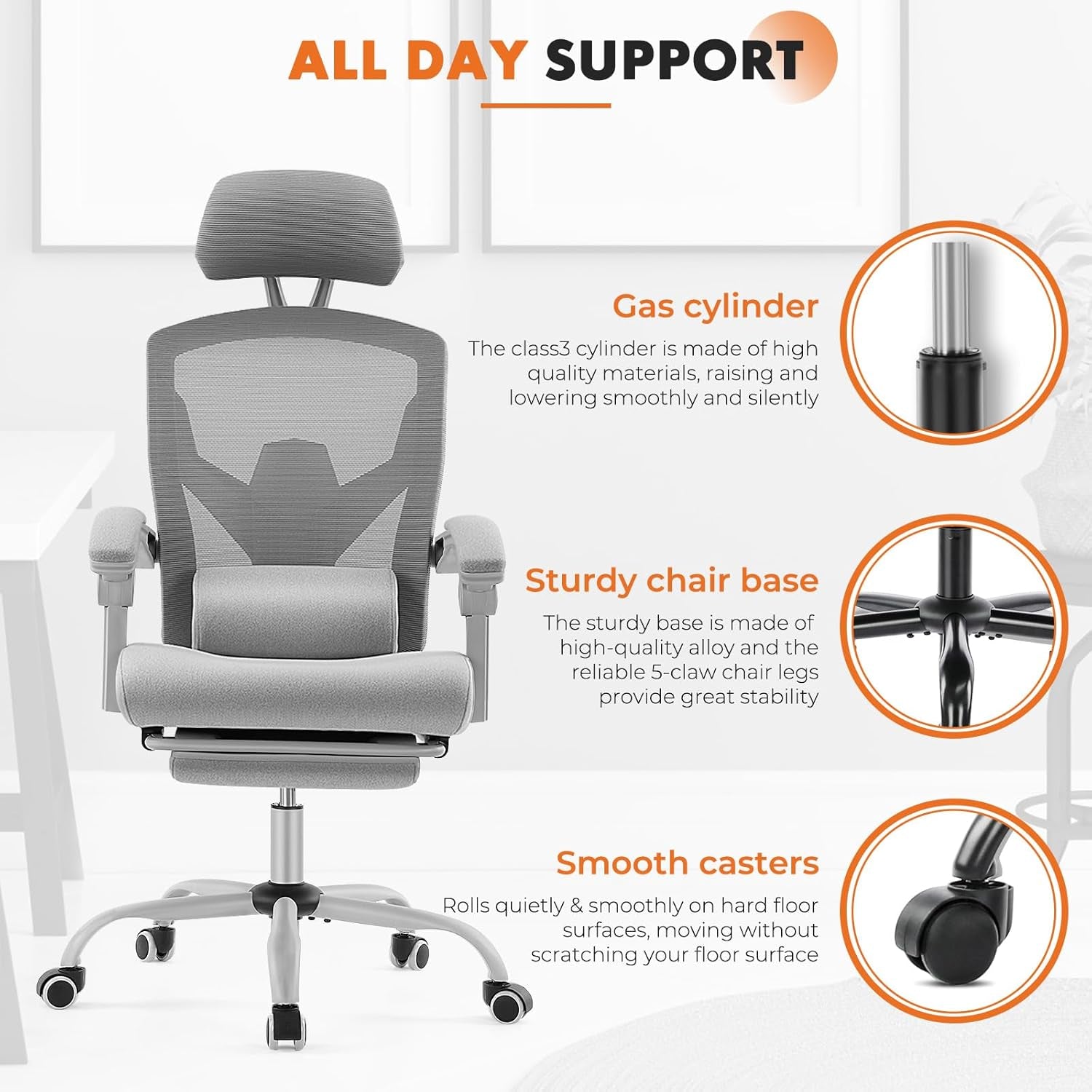 Office Computer Desk Chair with Footrest,Ergonomic High-Back Mesh Rolling Work Swivel Chairs with Wheels,Comfortable Lumbar Support,Comfy Arms for Home,Bedroom,Study,Student,Light Grey