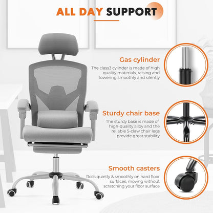 Office Computer Desk Chair with Footrest,Ergonomic High-Back Mesh Rolling Work Swivel Chairs with Wheels,Comfortable Lumbar Support,Comfy Arms for Home,Bedroom,Study,Student,Light Grey