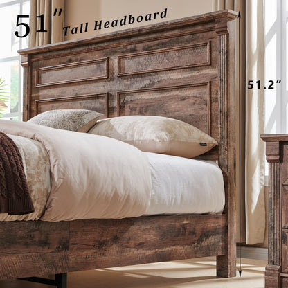 Farmhouse Queen Size Bed Frame with 51" Tall Headboard, Wood Platform Bed Frame with 20" Tall Roman Column Decoration Footboard & 2 Large Storage Drawers, No Box Spring Needed (Light Brown)