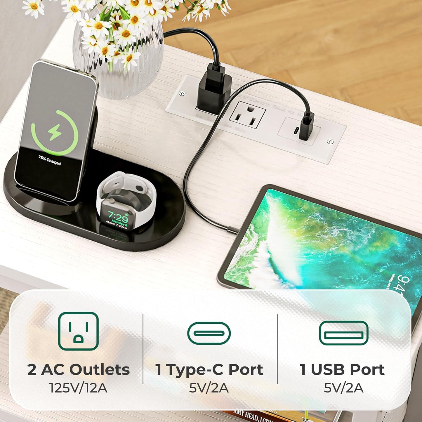 Nightstand with Charging Station, Side Table with 2 Fabric Drawers, End Table with Open Shelf, Bedside Table with USB-C Port and Outlets, Night Stand, PU Leather, White