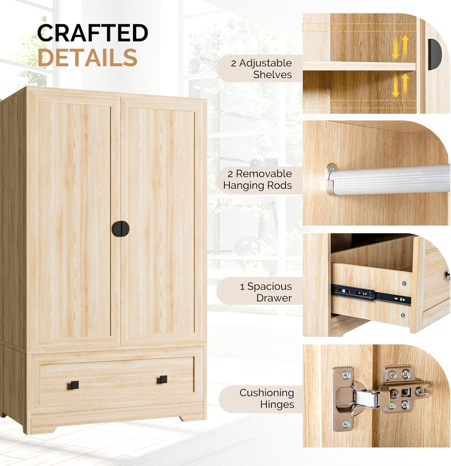 Armoire Wardrobe Closet with Doors, Hanging Rod, Shelves and Drawer - Freestanding Cabinet for Bedroom, Dorm - Oak, 38" W X 21" D X 65" H