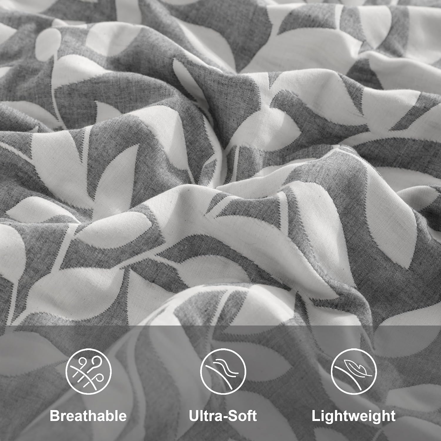 Cotton Standard Pillow Shams, 3 Layer Muslin Breathable Soft Thermal Yarn Dyed Sham Covers, 2 Pack 20X26 Oxford Pillowcases with Envelope Closure, Grey Leaf