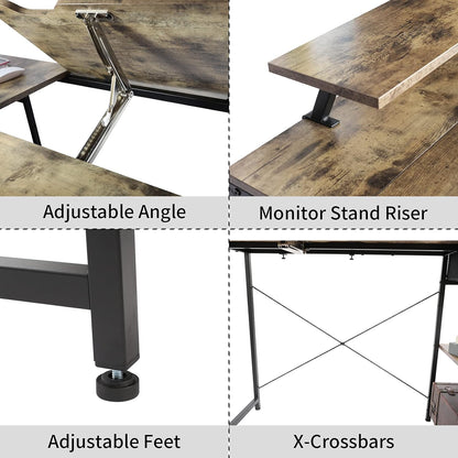 Drafting Table with Storage Shelves & Drawer, 43" Adjustable Art Desk with Monitor Stand for Home Office Computer, Tiltable Draft Drawing Table for Artist, Study, Writing Workstation