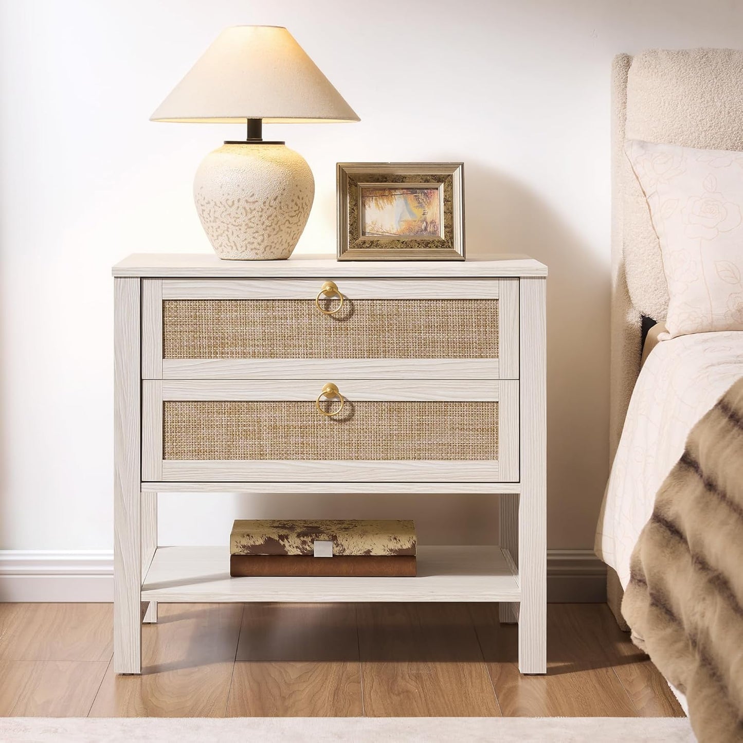Boho Rattan Nightstand Set of 2, 26.7" Extra Wide Bedside Table with 2 Drawers & Open Shelf, White Oak Large Side Table for King Size Bed, Modern Coastal End Table for Master Bedroom