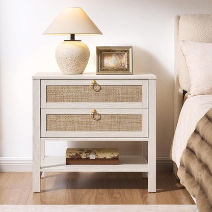 Boho Rattan Nightstand Set of 2, 26.7" Extra Wide Bedside Table with 2 Drawers & Open Shelf, White Oak Large Side Table for King Size Bed, Modern Coastal End Table for Master Bedroom