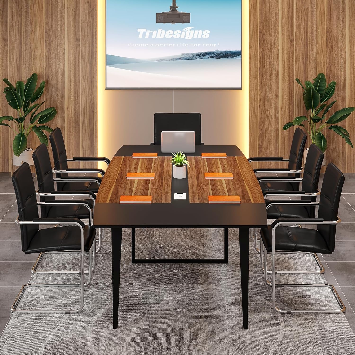 8FT Conference Table, 94.48L X 47.24W X 29.52H Inches Boat Shaped Meeting Table with Rectangle Grommet, Modern Seminar Boardroom Table for Office Conference Room (8Ft, Walnut & Black)