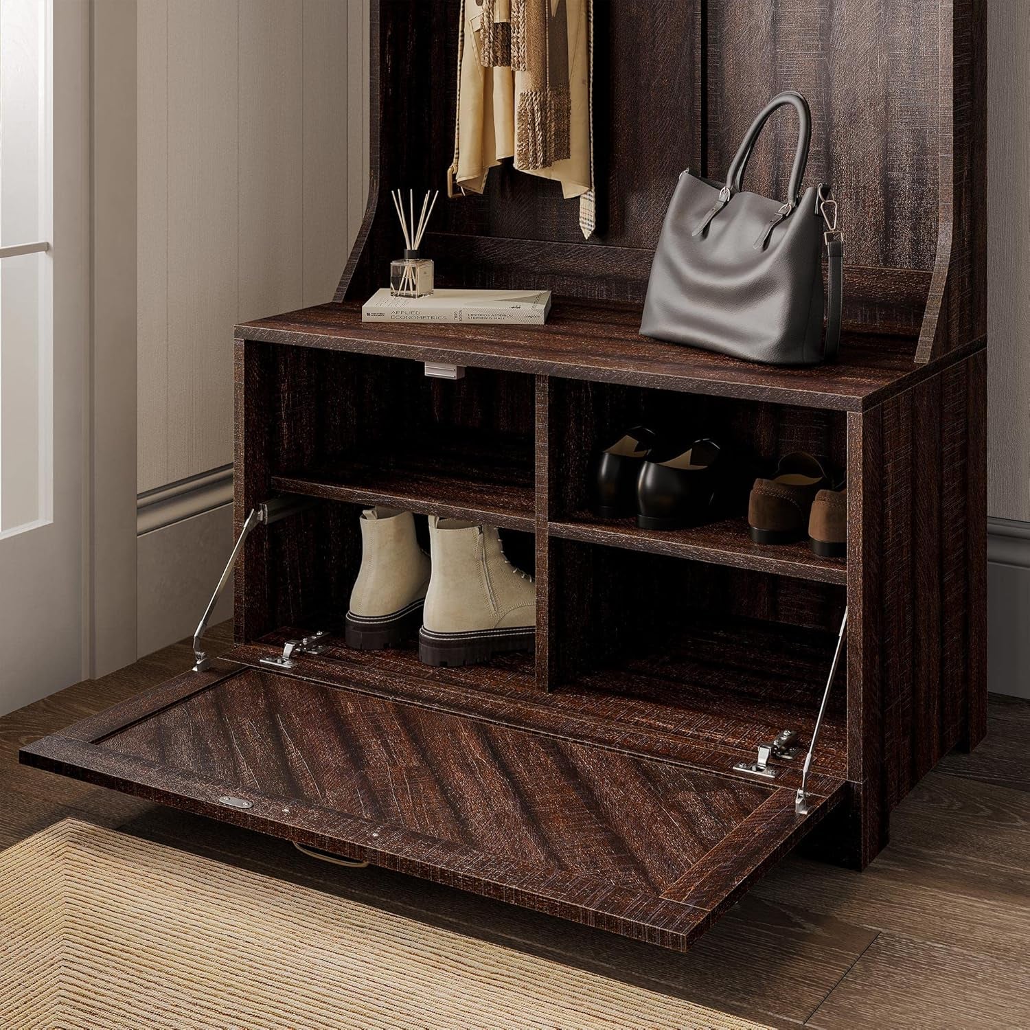 Entryway Hall Tree, Coat Rack, Storage Bench, 3-In-1 Design, Freestanding Shoe Rack - Hilo (Espresso)