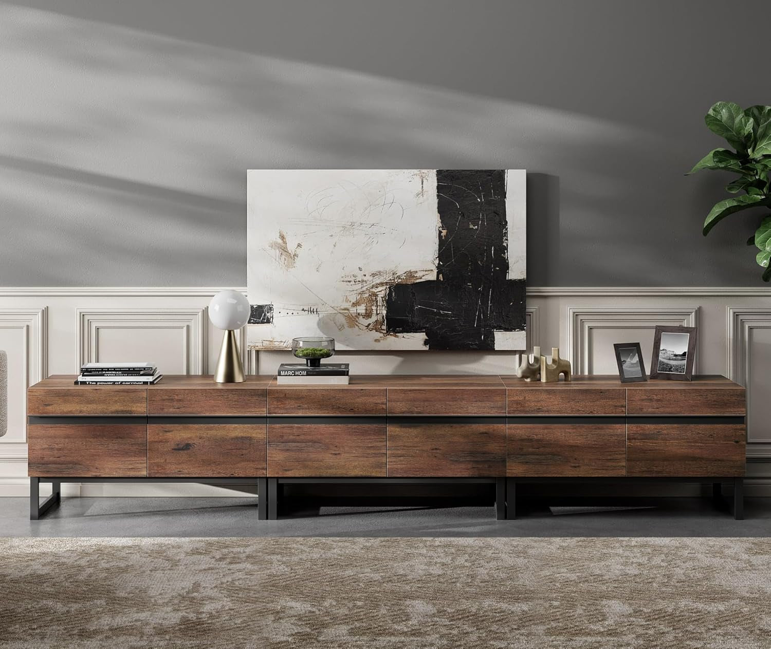 3 in 1 Modern TV Stand for up to 110 Inch Tvs, Wood Entertainment Center with Storage Cabinets and Metal Base, Living Room Media Console, Brown