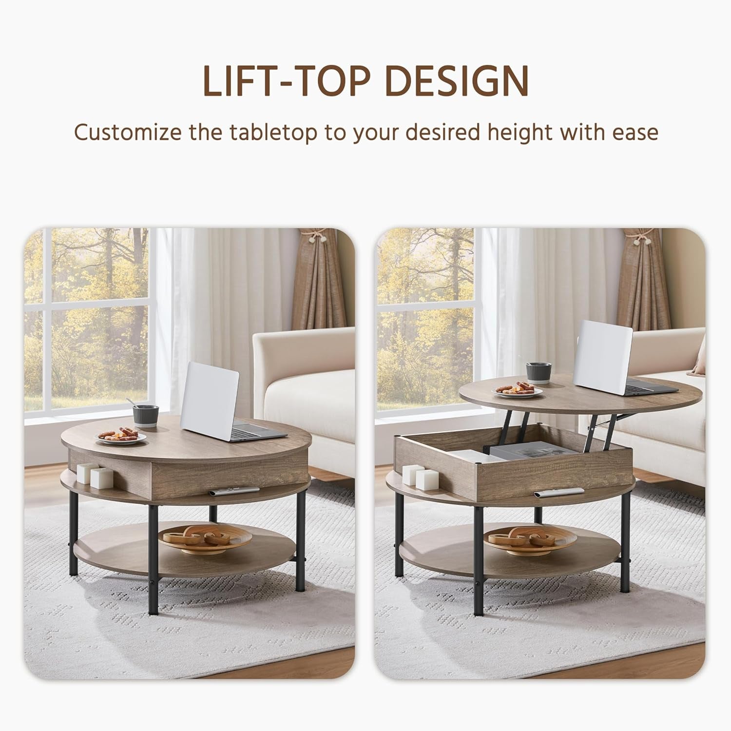 round Lift Top Coffee Table with Hidden Compartment & Storage Shelf, 31'' Farmhouse Coffee Table Center Tables, 2-Tier Small round Dining Table for Living Room Reception Room, Gray